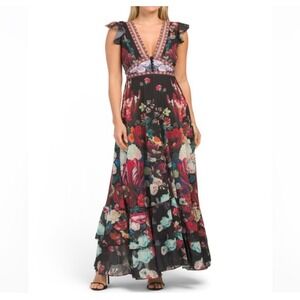 Dalia Macphee Black Floral Print Boho Chic Ruffle Hem‎ Maxi Dress Size S